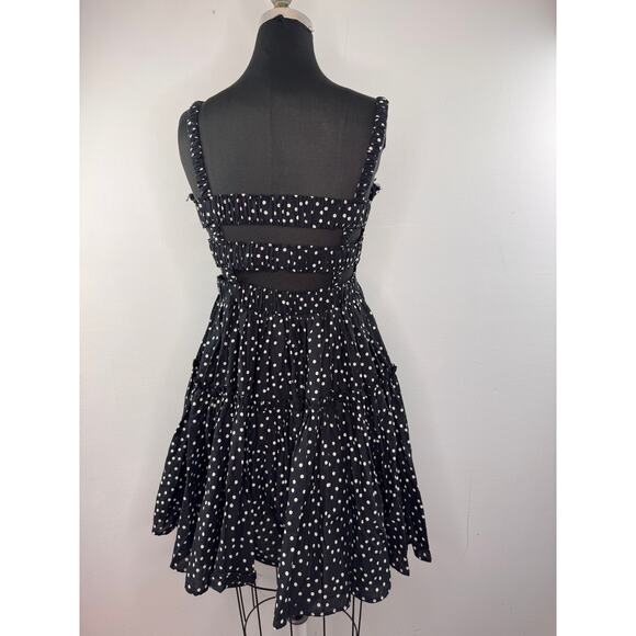 ASOS Black White Fit & Flare Dress Polka Dot Smocked Raw Cut Edges Pullover Sz 8 - Picture 4 of 6